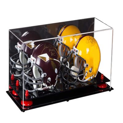 Better Display Cases Acrylic Double Mini - Miniature (not Full Size) Football Helmet or Mini Goalie Mask Display Case with Mirror Case, Red Risers and Black Base (A019-RR)