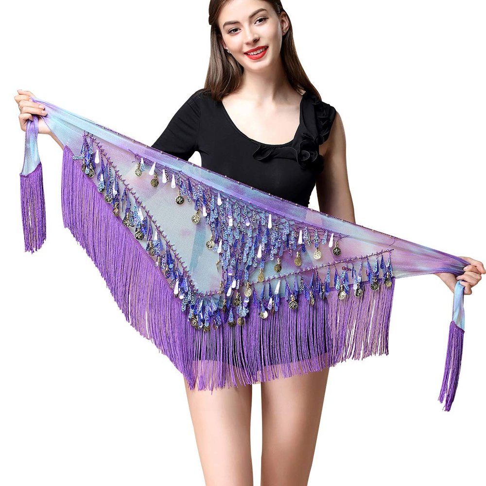 Belly Dance Hip Scarf - Hip Skirt Sequin Belly Dancing Belt Triangle Shawl Tassel Belts Waist Chain for Women/Girls(Purple)