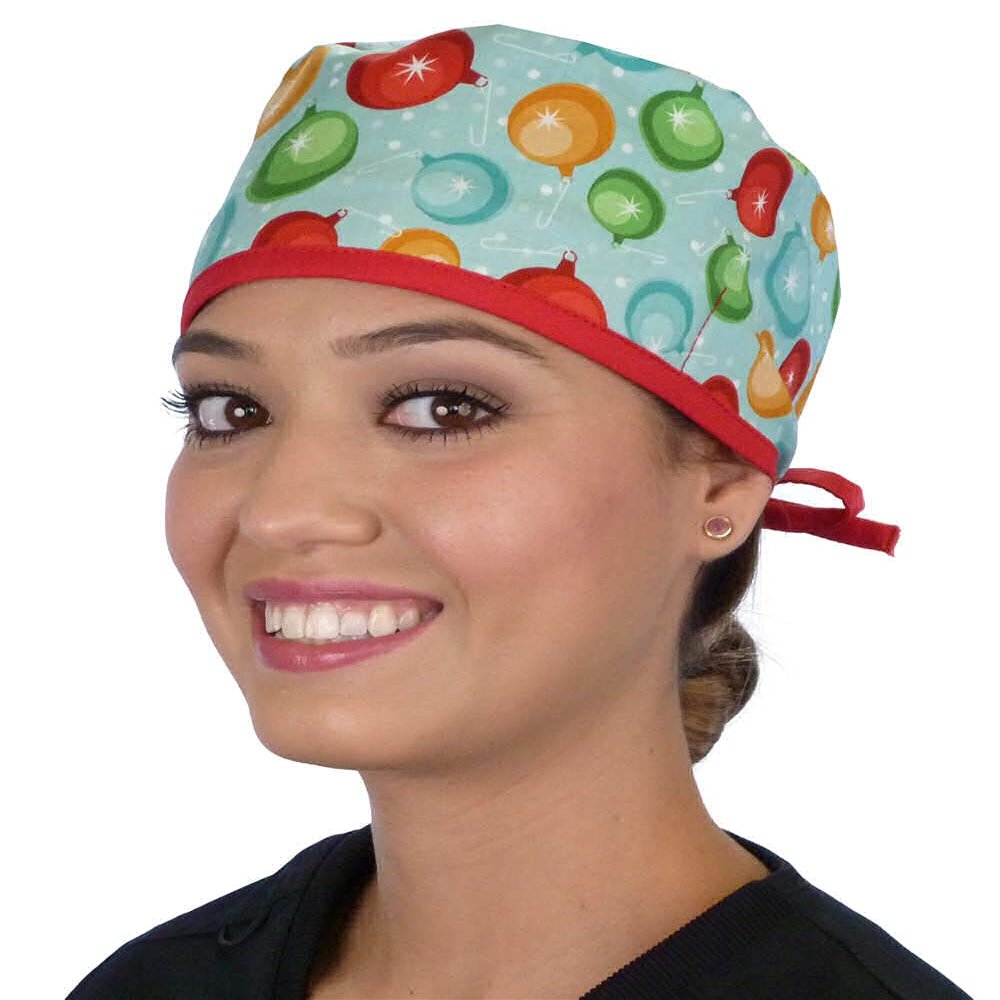 Multi Colored Ornaments with Red Ties - Cotton Unisex Classic Surgical Style Scrub Cap with Sweatband - 100% Cotton - Made in The USA!