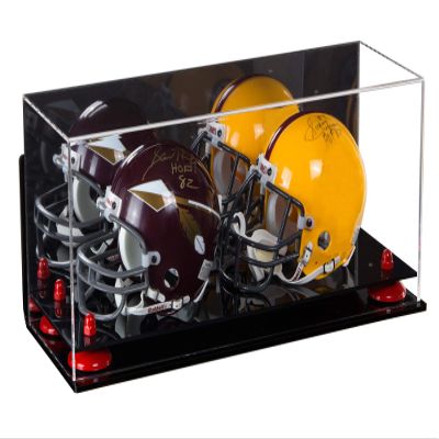 Better Display Cases Acrylic Double Mini - Miniature (not Full Size) Football Helmet or Mini Goalie Mask Display Case with Mirror Case, Red Risers, Black Base and WallMount (A019-RR)