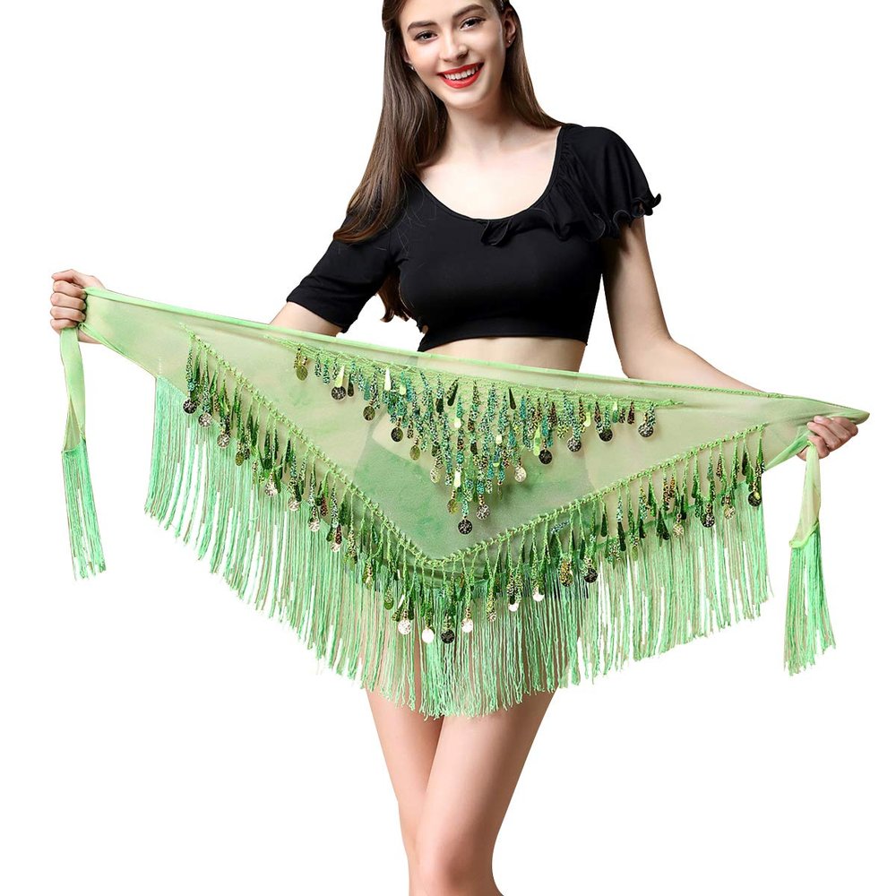 Belly Dance Hip Scarf - Hip Skirt Sequin Belly Dancing Belt Triangle Shawl Tassel Belts Waist Chain for Women/Girls(Green)
