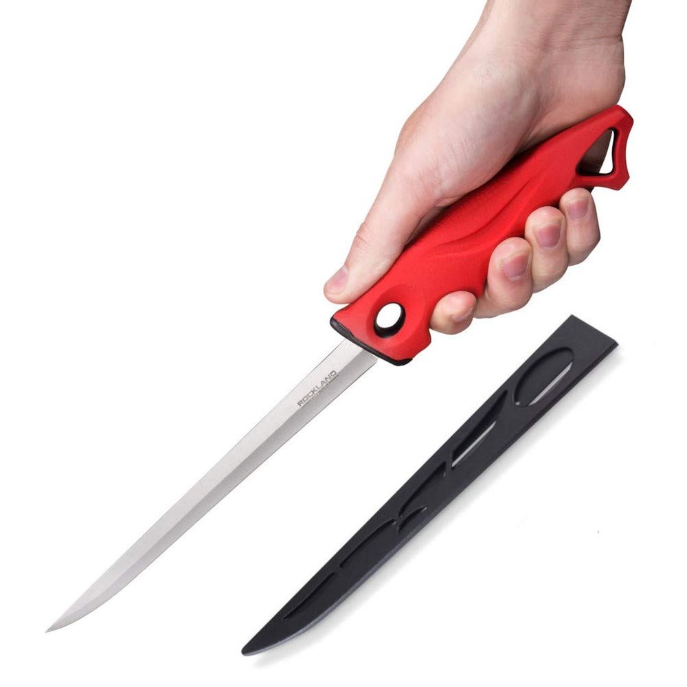 Rockland Guard Narrow Fillet Knife, 8 Inch Blade With Protective Sheath - Non-Slip Easy To Grip Handle, Tapered Flex Stainless Steel Blade.