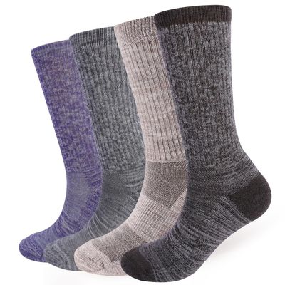 EnerWear 4 Pack Women's Merino Wool Outdoor Hiking Trail Crew Socks (Shoe Size 4-16, Light Tan/Brown/Grey/Purple)