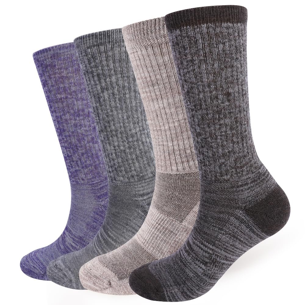 EnerWear 4 Pack Women's Merino Wool Outdoor Hiking Trail Crew Socks (Shoe Size 4-16, Light Tan/Brown/Grey/Purple)