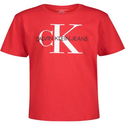 Calvin Klein Boys' Short Sleeve Logo Crew Neck T-Shirt, Soft, Comfortable, Relaxed Fit, Racing Red, 14-16
