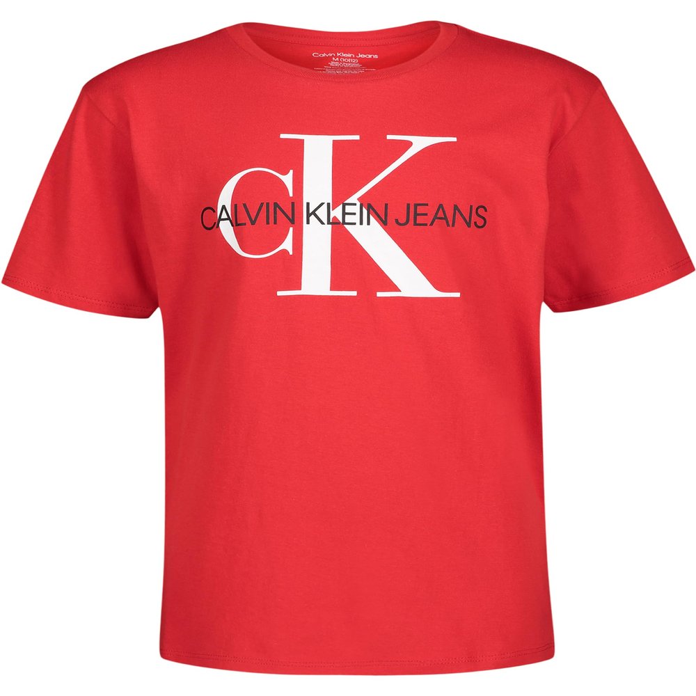 Calvin Klein Boys' Short Sleeve Logo Crew Neck T-Shirt, Soft, Comfortable, Relaxed Fit, Racing Red, 14-16