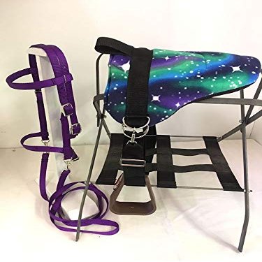 Party Ponies Miniature Horse/SM Pony Childrens Bareback Saddle PAD Set with BITLESS Bridle - Cinch Upgrade - Purple Stary Night Set