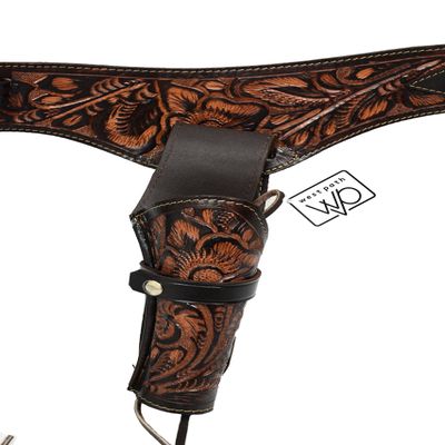 22 Caliber Western Leather Gun Holster & Belt - Cowboy Style Single Drop Rig Standard Barrel - Authentic Handmade Hand Tooled .22 Cal (Brown, 44)