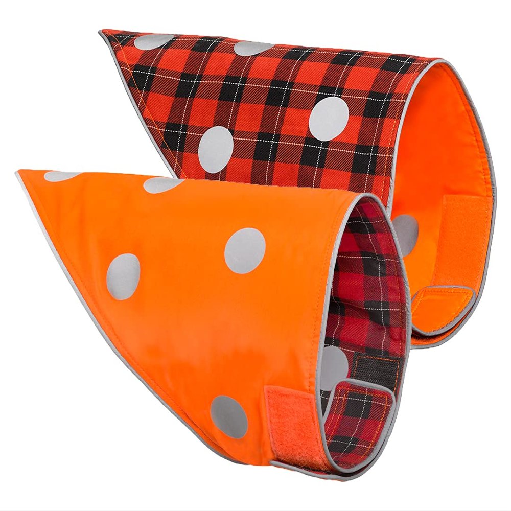 SPOT THE DOG! Reflective Dog Bandanas - Reversible High Visibility Safety Dog Accessories for Small, Large Dogs, Collar, Scarf, Bib Gear for Hunting, Walking at Night (Blaze Orange, Red Plaid, L-XL)