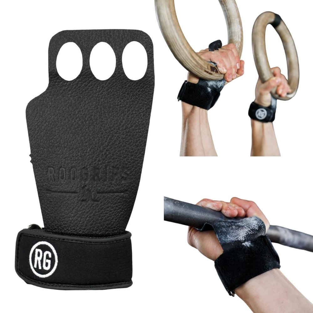 RooGrips 3 Finger Premium Leather Hand Grips for Crossfit, Pull Ups & Gymnastics & Weightlifting - The Most Durable Grip Support and Hand Protection from Rips and Blisters. (Size Small)