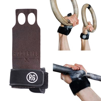 RooGrips 2 Finger Premium Leather Hand Grips for Crossfit, Pull Ups & Gymnastics & Weightlifting - The Most Durable Grip Support and Hand Protection from Rips and Blisters. (Size Medium)