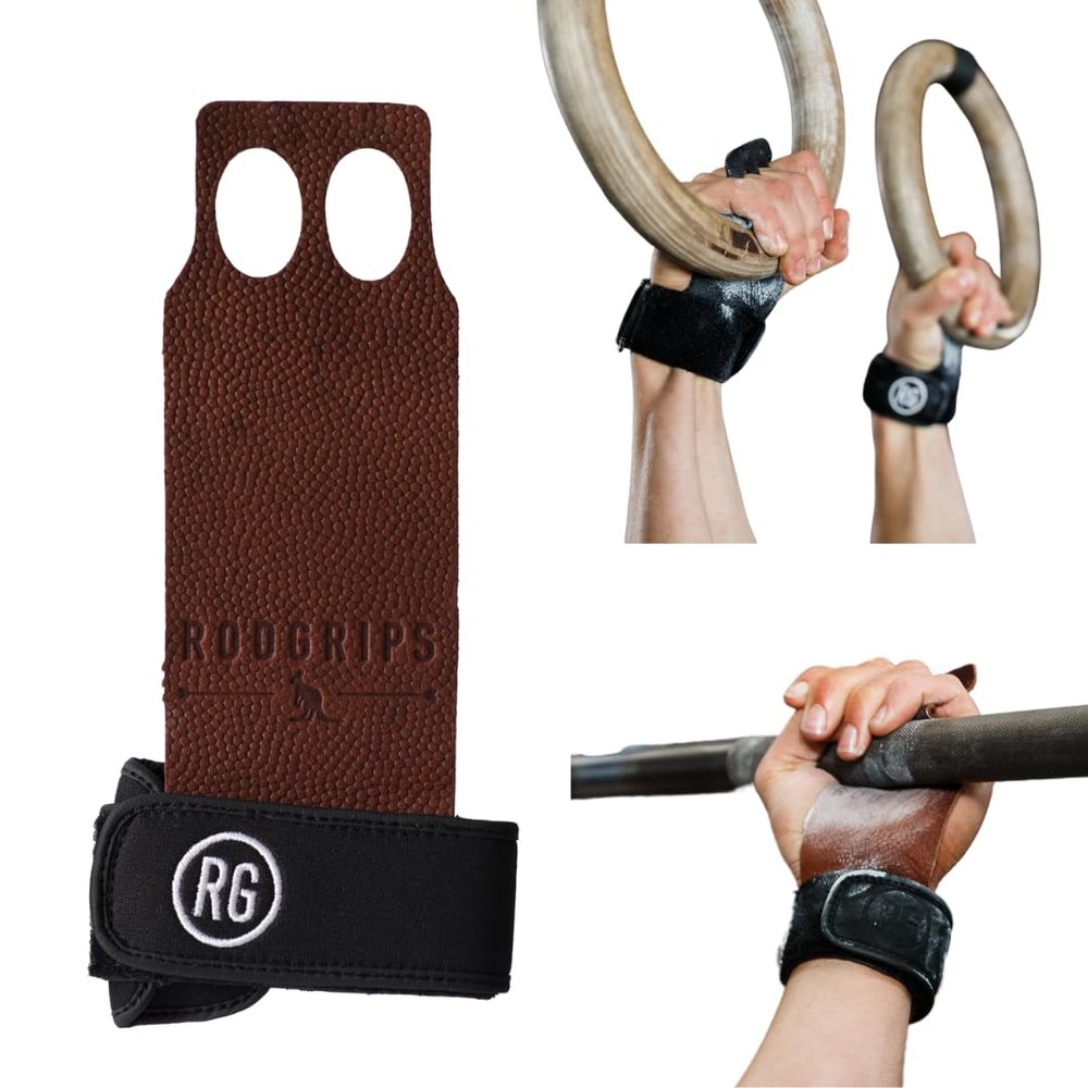 RooGrips 2 Finger Premium Leather Hand Grips for Crossfit, Pull Ups & Gymnastics & Weightlifting - The Most Durable Grip Support and Hand Protection from Rips and Blisters. (Size Small)