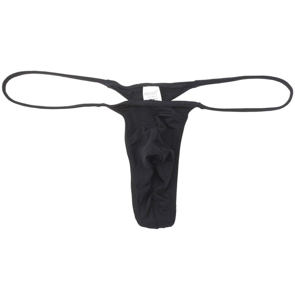 OROCOJUCO Men Spandex Micro Thong Shadow Stripe Narrow Pouch Underwear String Mini Bikini Jockstrap T-back Black M
