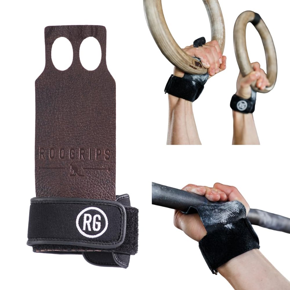 RooGrips 2 Finger Premium Leather Hand Grips for Crossfit, Pull Ups & Gymnastics & Weightlifting - The Most Durable Grip Support and Hand Protection from Rips and Blisters. (Size Large).