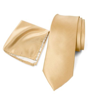 Spring Notion Men's Skinny Solid Color Satin Microfiber Tie and Handkerchief Set Antique Gold