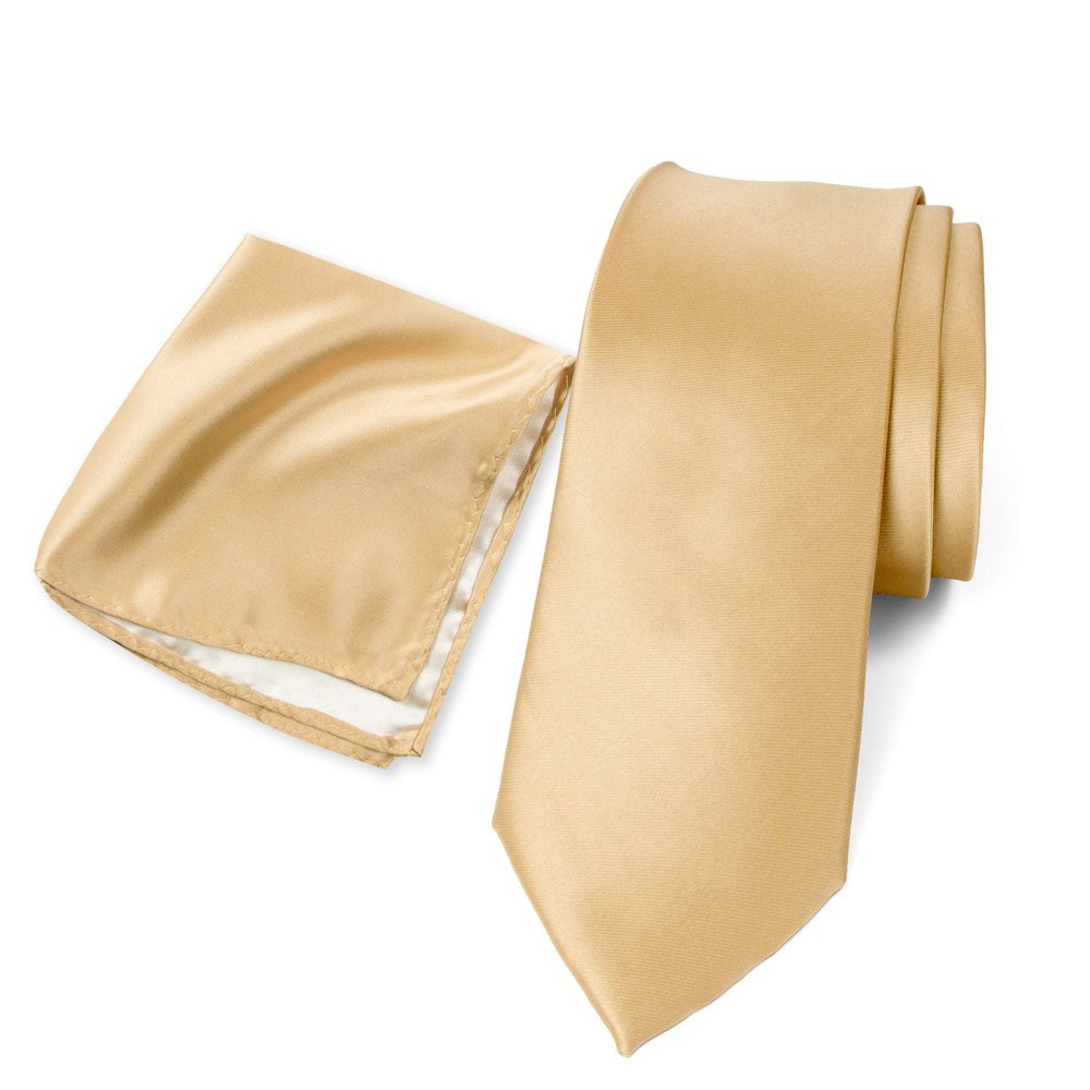 Spring Notion Men's Skinny Solid Color Satin Microfiber Tie and Handkerchief Set Antique Gold