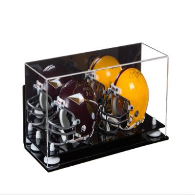 Better Display Cases Acrylic Double Mini - Miniature (not Full Size) Football Helmet or Mini Goalie Mask Display Case with Mirror Case, White Risers, Black Base and WallMount (A019-WR)