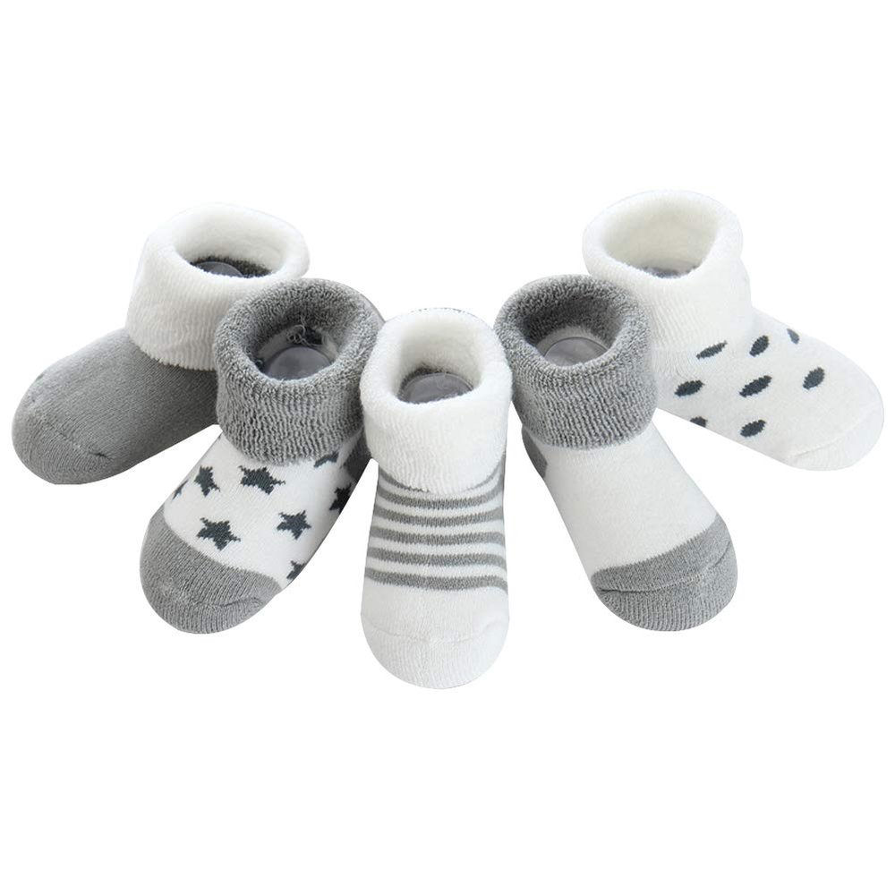 AkoMatial 5 Pairs Newborn Baby Boy Girl Sock Terry Fabric Winter Anti-slip Dots Stripe Star Warm Thick Socks