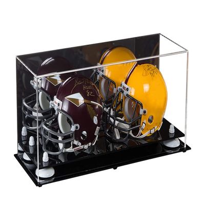 Better Display Cases Acrylic Double Mini - Miniature (not Full Size) Football Helmet or Mini Goalie Mask Display Case with Mirror Case, White Risers and Black Base (A019-WR)
