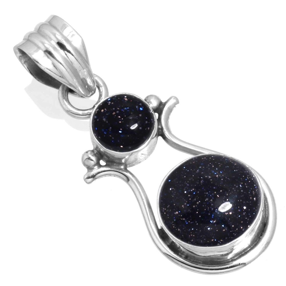 JEWELOPORIUM Blue Sunstone Silver Necklace, 925 Sterling Silver Pendant for Women, Round Gemstone Boho Jewelry