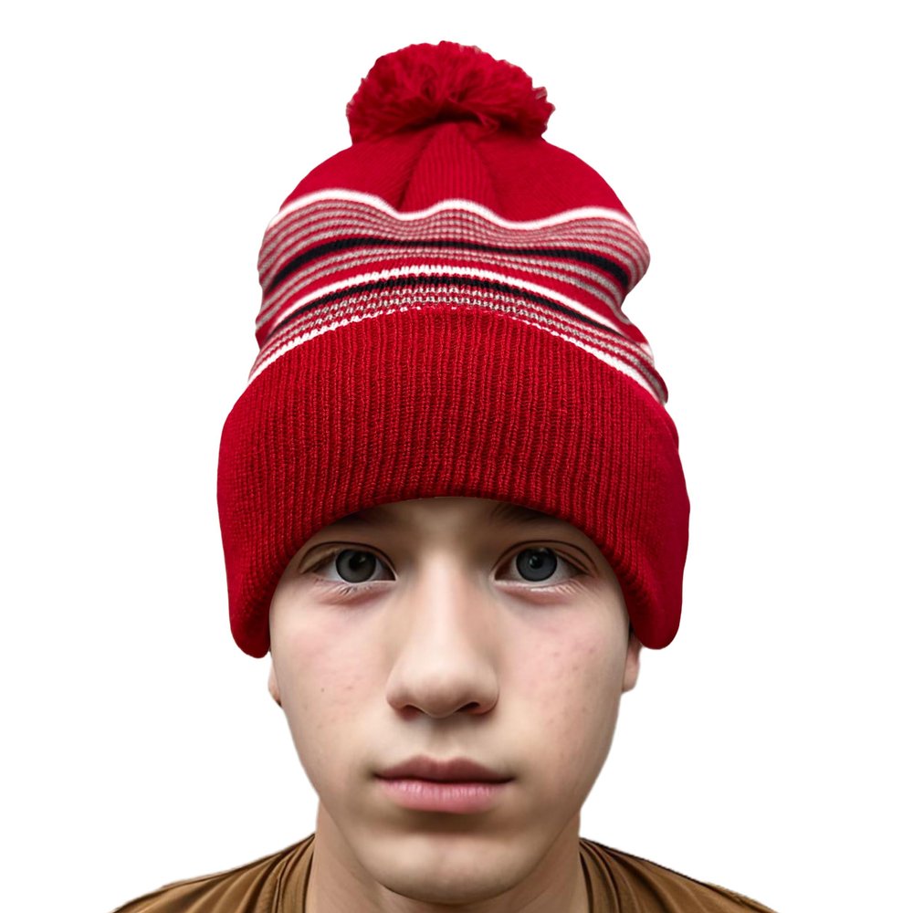 COUVER Blaze Stripped Beanie with Pom Pom Acrylic Knit Cuff Beanie Hat 12 inch