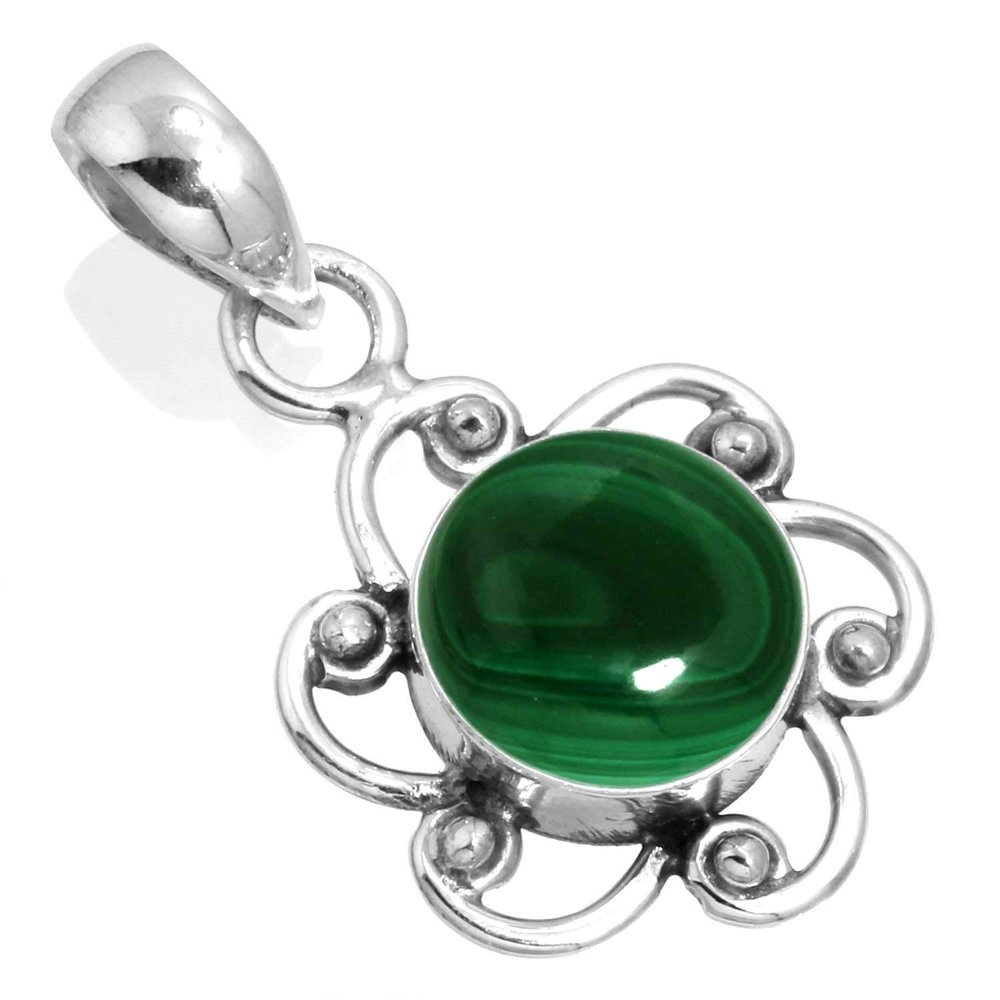 JEWELOPORIUM Green Malachite Silver Necklace, 925 Sterling Silver Pendant for Women, Real Round Gemstone Boho Jewelry