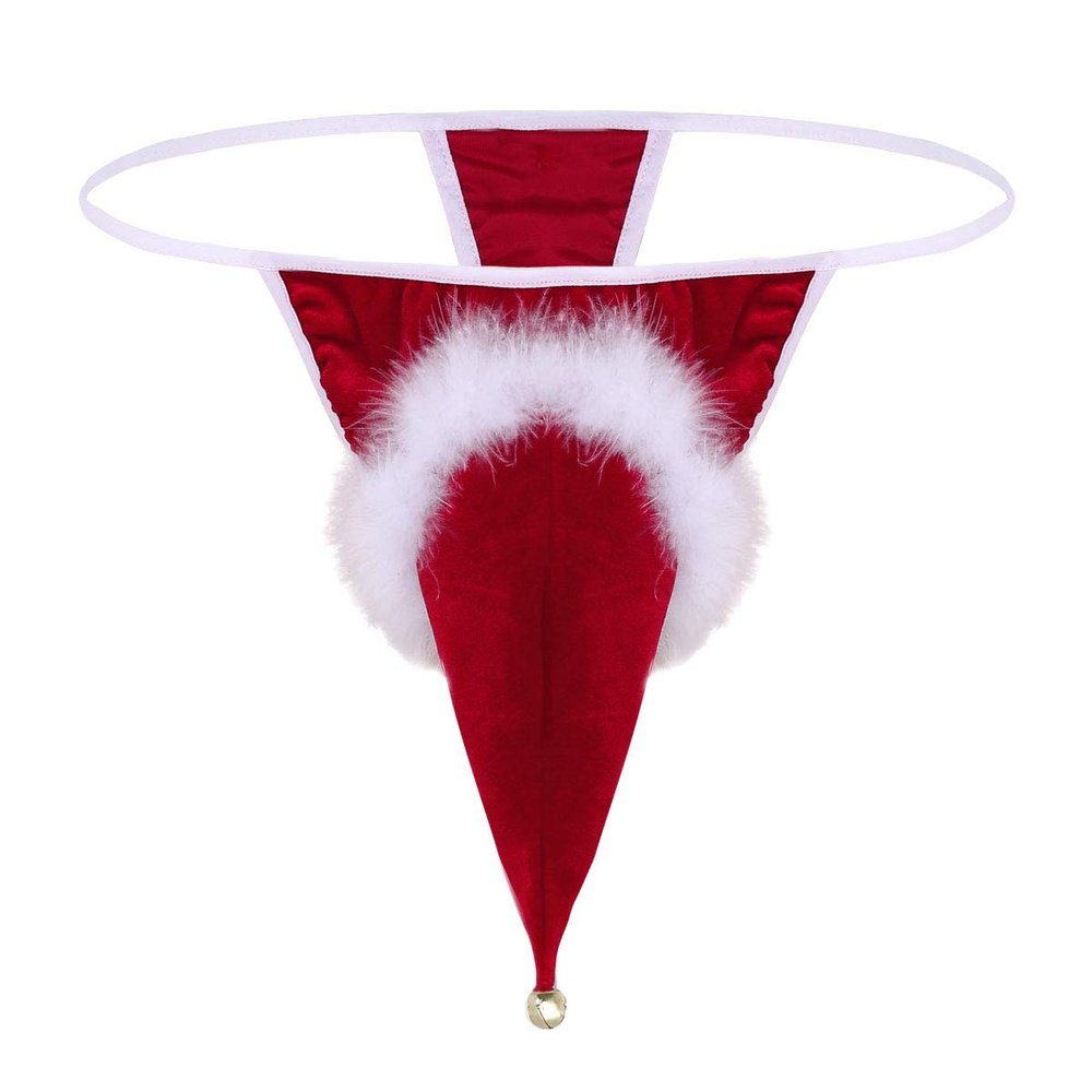 ACSUSS Sexy Men's Christmas Santa Hat G-String Gag Gift Bikini Thongs Fancy Costume Santa Bell Medium