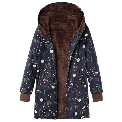 JOFOW Womens Flannel Lined Jacket Parka Hooded Boho Floral Print Vintage Warm Long Loose Coats Winter Plus Size XXXL (4XL =US:18-22,Navy-dandelion)