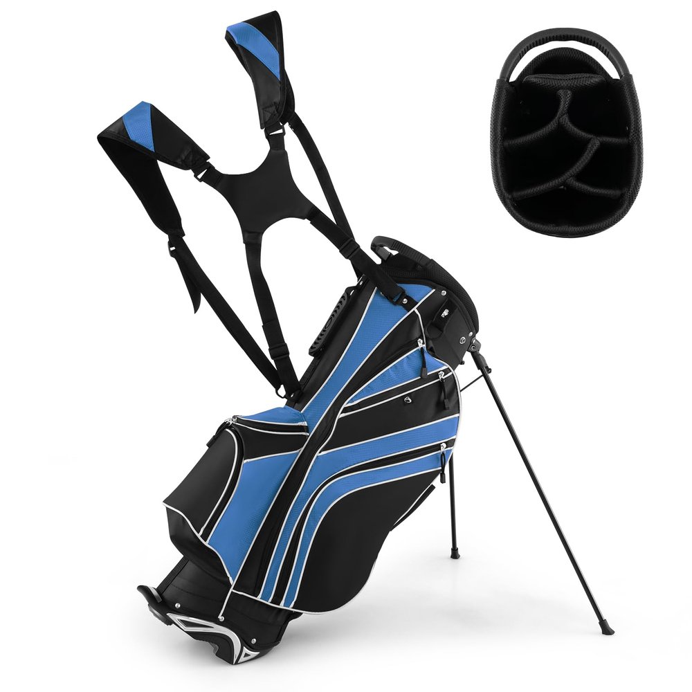GYMAX Golf Stand Bag, 6 Way Divider Golf Club Bag with 8 Pockets, Rain Hood, Umbrella Holder & Glove Sticker, Portable Lightweight Golf Bag for Men Women (Blue)