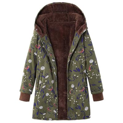 JOFOW Womens Hooded Jacket Parka Flannel Lined Boho Floral Print Vintage Warm Long Loose Coats Winter Plus Size XXXL (XL =US:6-10,Army green-dandelion)