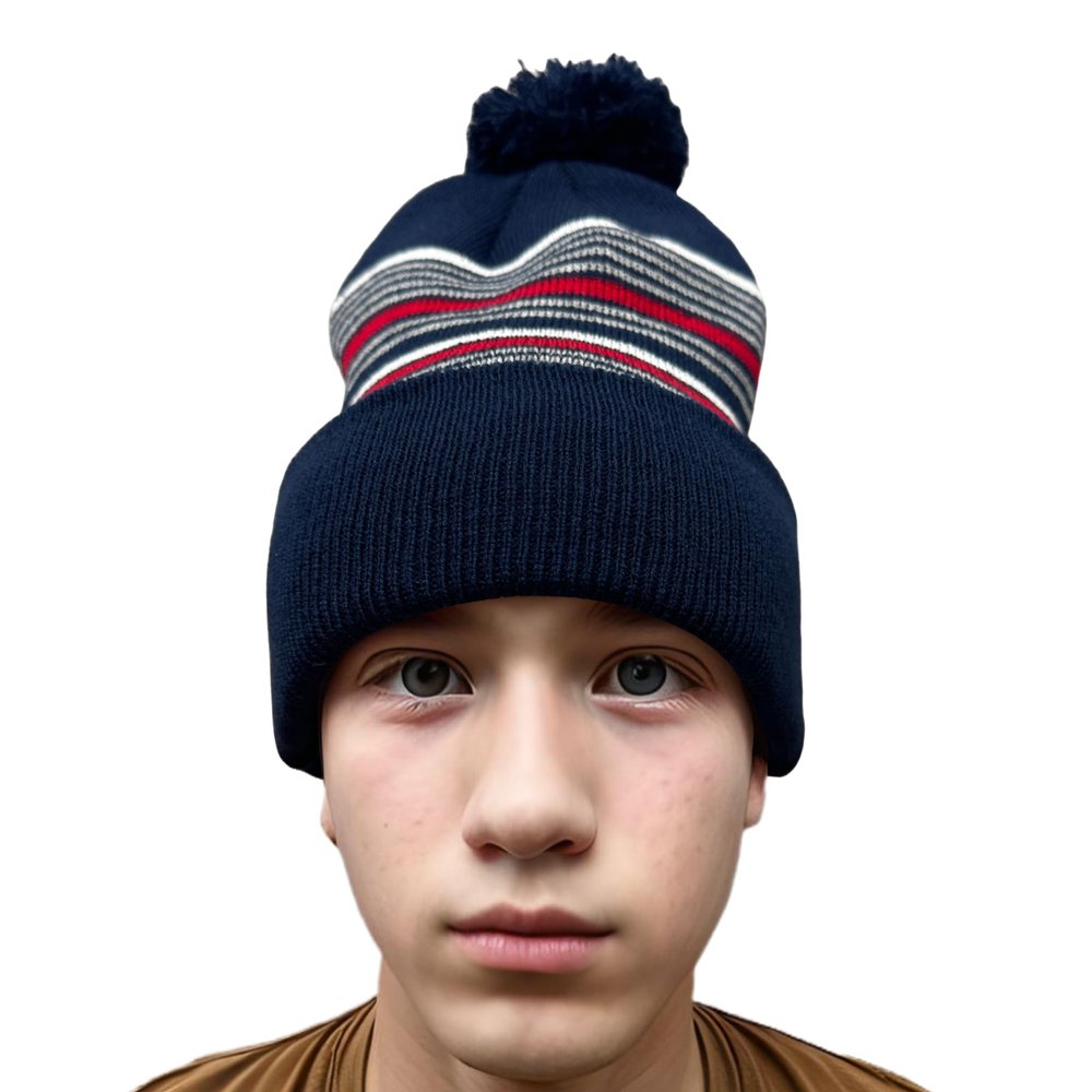 COUVER Blaze Stripped Beanie with Pom Pom Acrylic Knit Cuff Beanie Hat 12 inch