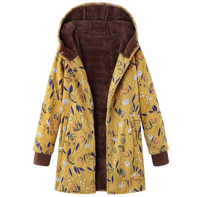 JOFOW Womens Winter Jacket Parka Flannel Lined Hooded Boho Floral Print Vintage Warm Long Loose Coats Plus Size XXXL (3XL =US:14-18,Yellow-dandelion)