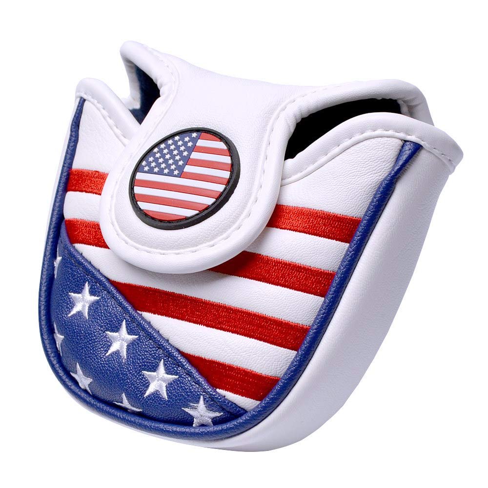GOOACTION USA Golf Club Heel Shafted Mallet Putter Cover Magnetic Synthetic Leather American Stars and Stripes Flag Patriotic Golf Headcover