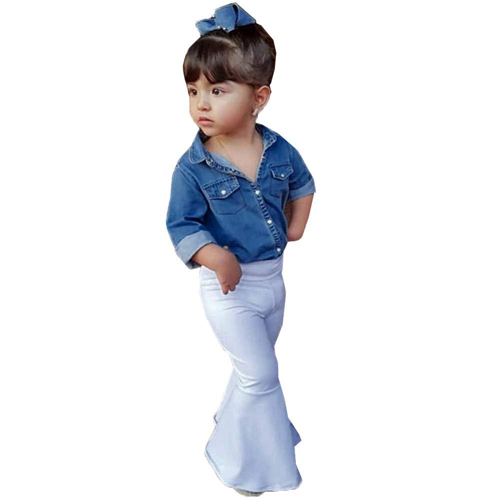 Infant Baby Toddler Girls Clothes Outfits 1-4 Years Old Kids Fashion Denim Tops Shirt Bell-Bottoms Pants Sets (18-24 Months, Blue)