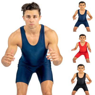 4 Time All American Wrestling Singlet: Black, Navy Blue, Red, Teal sizes 4XS-5XL (XXL 221-250 lbs., Navy)