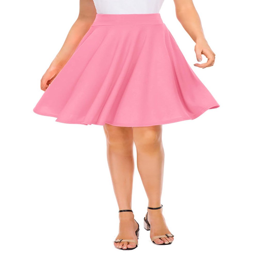 EXCHIC Women's Casual Stretchy Flared Midi Skater Skirts Basic A-Line Pleated Midi Skirt (XL, Pink)