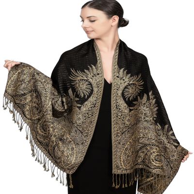 Achillea Soft Silky Reversible Paisley Pashmina Shawl Wrap Scarf w/Fringes (Big Paisley Black)