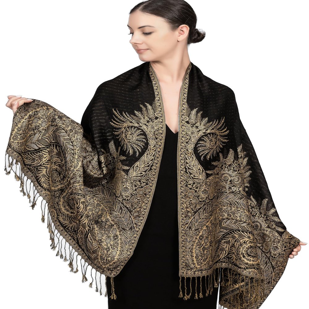Achillea Soft Silky Reversible Paisley Pashmina Shawl Wrap Scarf w/Fringes (Big Paisley Black)