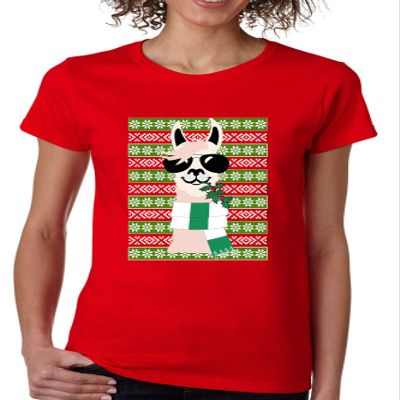 ALLNTRENDS Women's T Shirt Cool Llama Ugly Christmas Fun Cute Animal Lover Gift (M, Red)