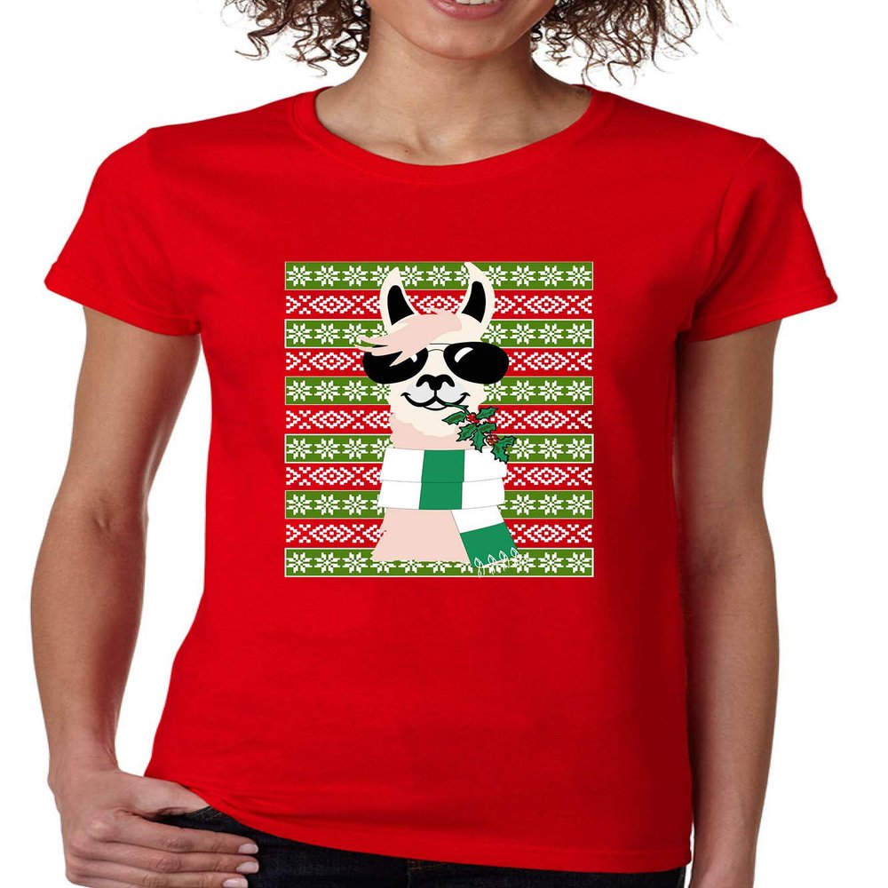 ALLNTRENDS Women's T Shirt Cool Llama Ugly Christmas Fun Cute Animal Lover Gift (M, Red)