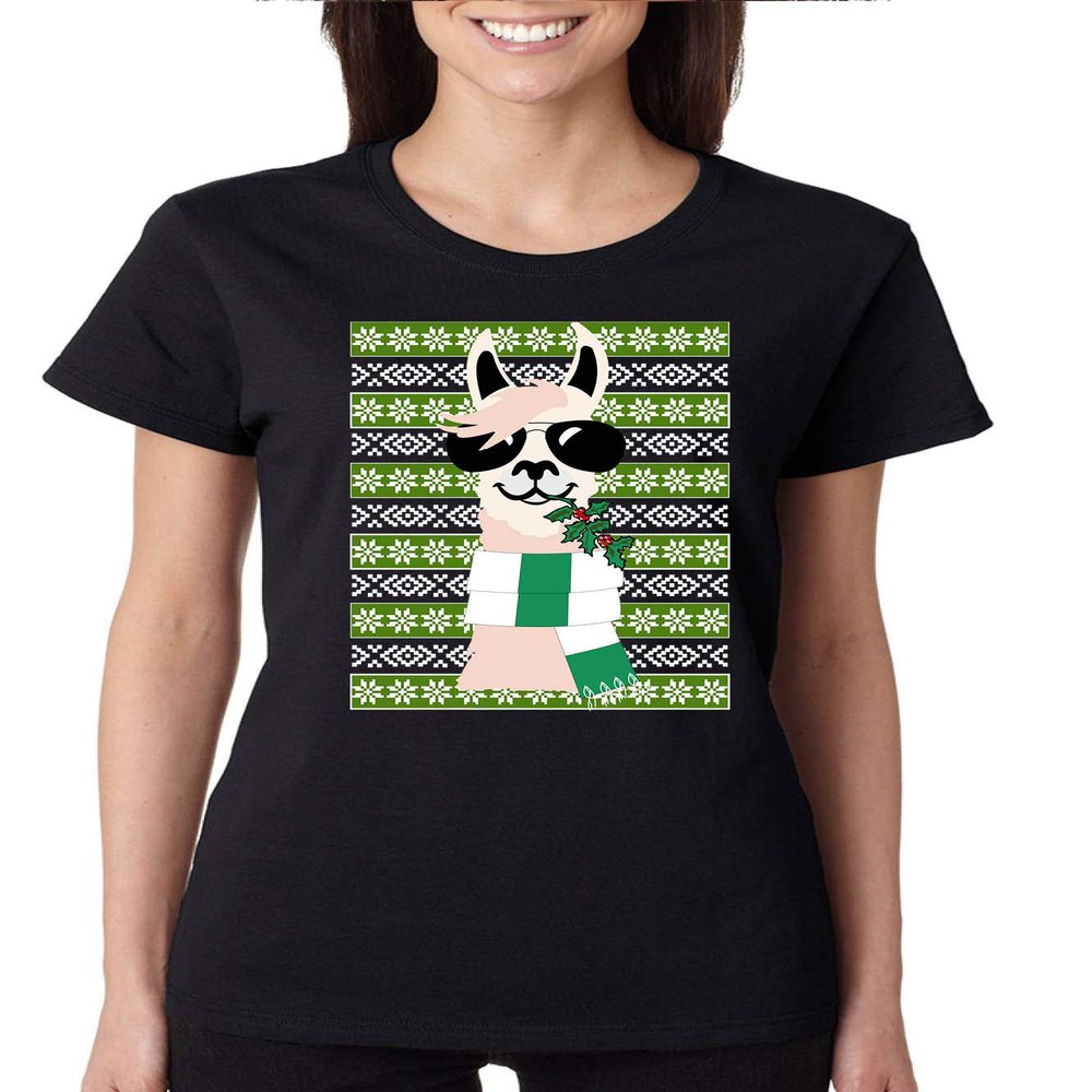 ALLNTRENDS Women's T Shirt Cool Llama Ugly Christmas Fun Cute Animal Lover Gift (2XL, Black)