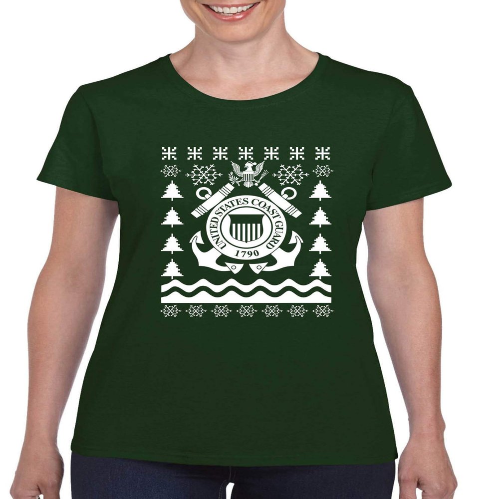 ALLNTRENDS Women's T Shirt Coast Guard Ugly Christmas USCG Holiday (3XL, Forest Green)