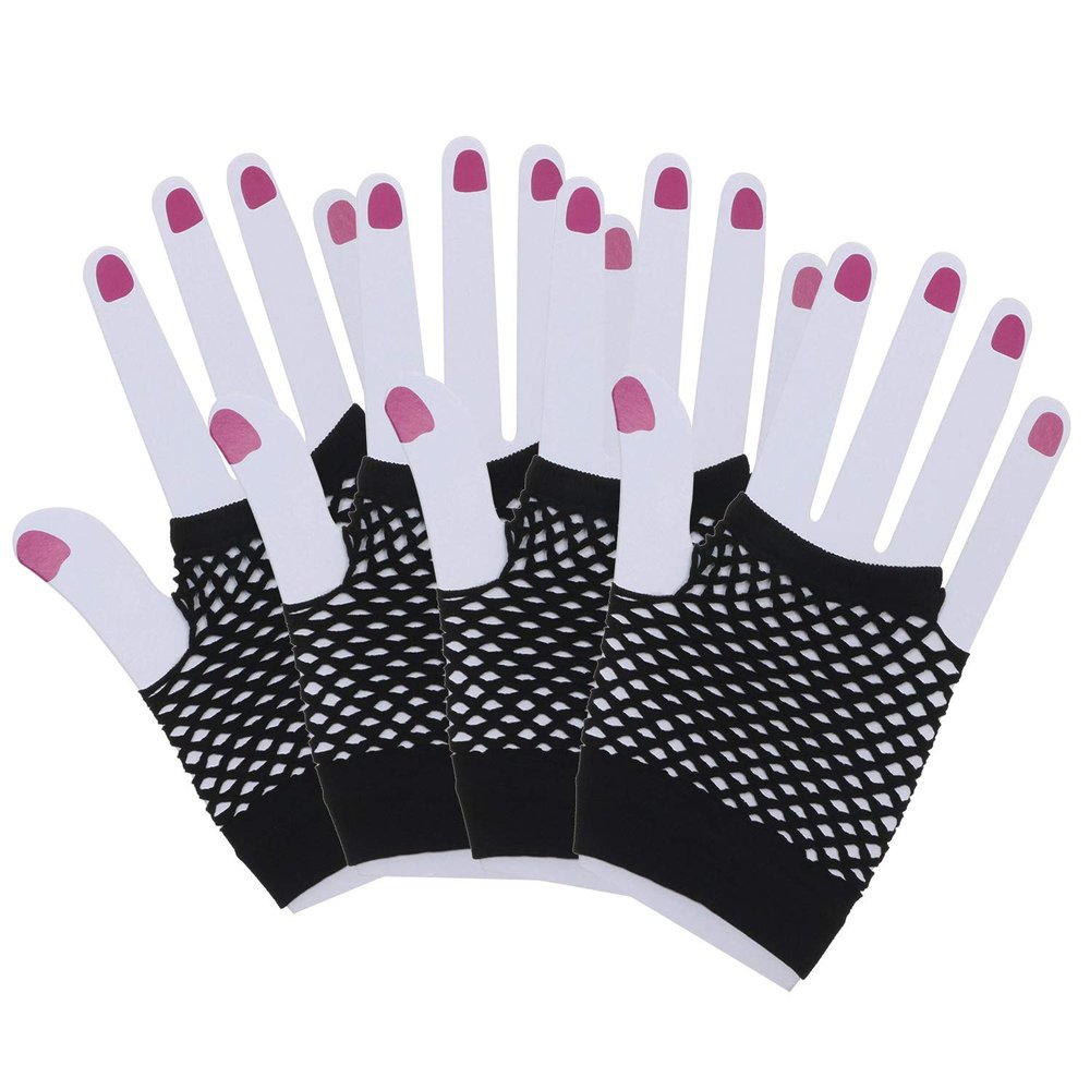 PENTA ANGEL 2 Pairs Black Nylon Fingerless Fishnet Gloves Wrist Stretch Mesh Gloves for 80's Theme Party Women Costume Accessories(Short-Black)