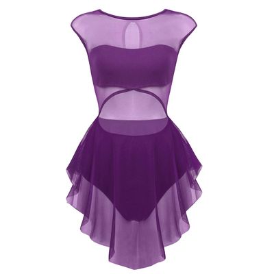 ACSUSS Womens Adult Crew Neck Asymmetrical Mesh Tank Dress Lyrical Modern Latin Dance Costume Dark_Purple Large