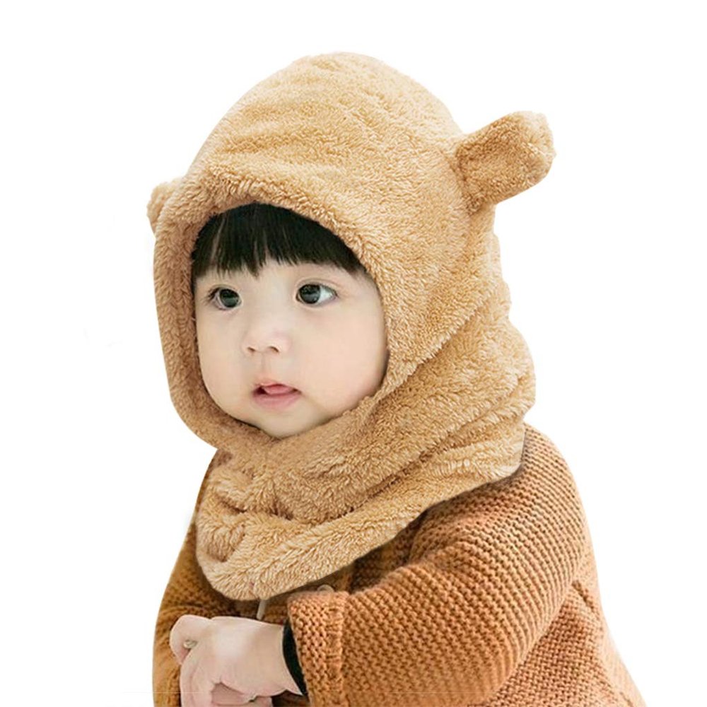 Baby Kids Warm Winter Hat and Scarf Set Cute Thick Plush Earflap Hooded Animal Ears Hat Infinity Scarf Beanie Skull Cap Neck Warmer Snood Loop Scarves for Toddlers Children Girls Boys Age 6-24 Months