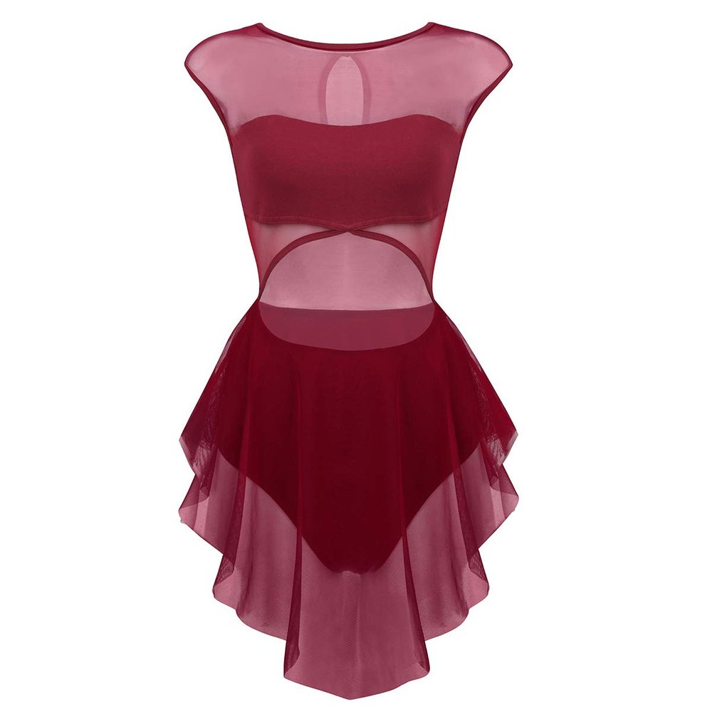 ACSUSS Womens Adult Crew Neck Asymmetrical Mesh Tank Dress Lyrical Modern Latin Dance Costume Wine_Red X-Large