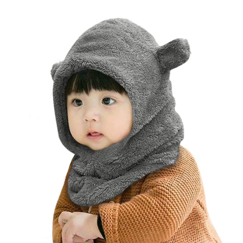 Baby Kids Warm Winter Hat and Scarf Set Cute Thick Plush Earflap Hooded Animal Ears Hat Infinity Scarf Beanie Skull Cap Neck Warmer Snood Loop Scarves for Toddlers Children Girls Boys Age 6-24 Months