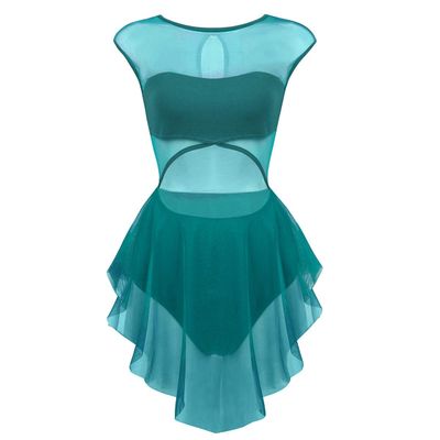 ACSUSS Womens Adult Crew Neck Asymmetrical Mesh Tank Dress Lyrical Modern Latin Dance Costume Teal X-Small