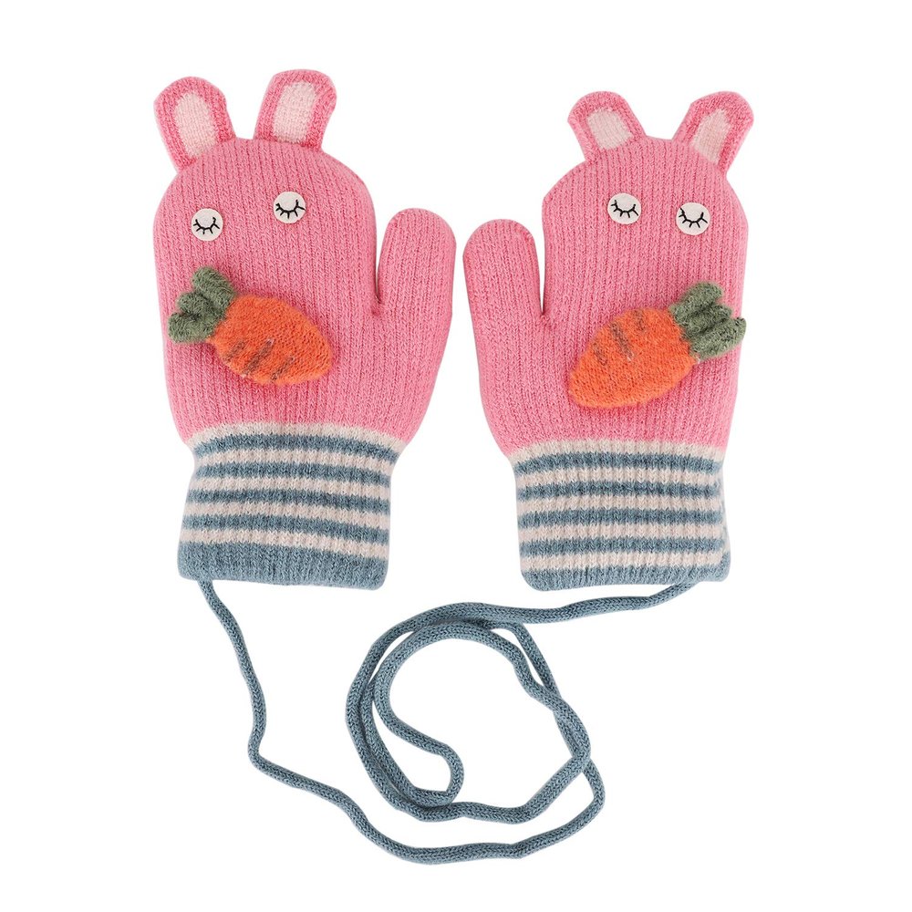 Toddler Kids Gloves Cute Winter Mitts Knit Full Finger Children Snow Mittens on String for Boys Girls