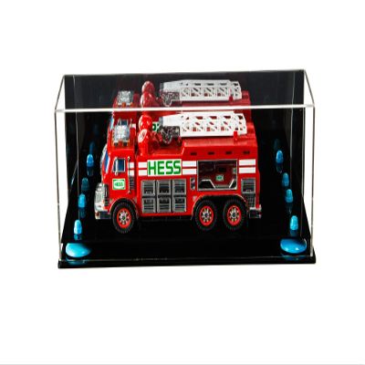 Better Display Cases Versatile Clear Acrylic Trucks, Trains and Rockets Display Case - Large Rectangle Box with Mirror Case, Light Blue Risers, Black Base and Wall Mount 17" x 6" x 7" (A019/V46)
